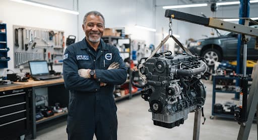 Specialist standing next to a fully overhauled Volvo engine block on a hoist