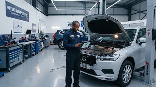 A certified mechanic using advanced diagnostic equipment on a modern Volvo SUV